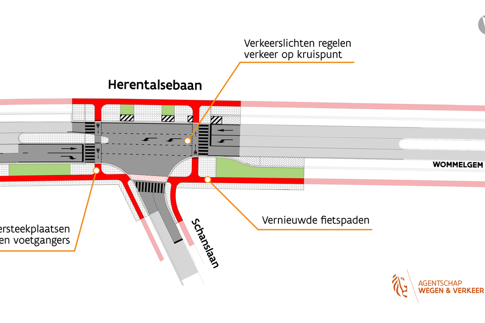 Het kruispunt op de Herentalsebaan dat een langere afslagstrook krijgt voor verkeer dat richting Schanslaan wil en waarvoor de middenberm op de N116 wat wordt ingekort. 