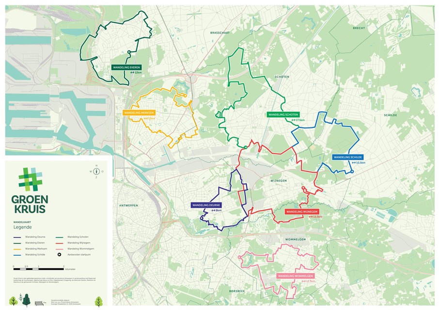 Op deze kaart zien je hoe de nieuwe wandelroutes uitgestippeld werden verspreid over de hele stadsrand.