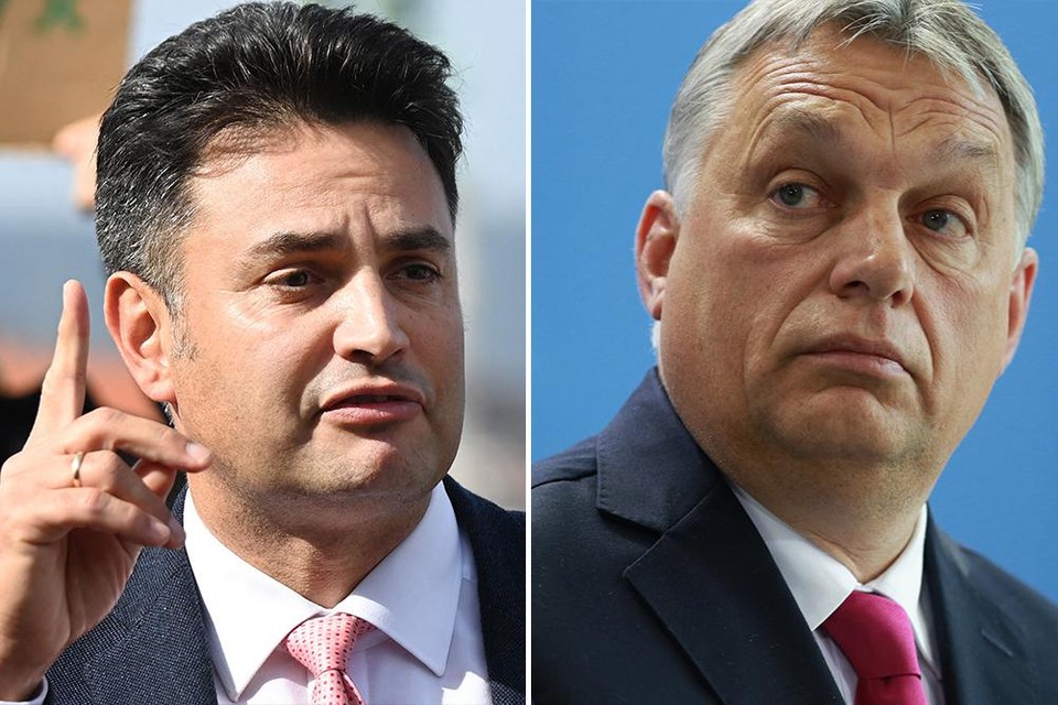 Links: kandidaat-premier Peter Marki-Zay. Rechts: huidig premier Viktor Orban.