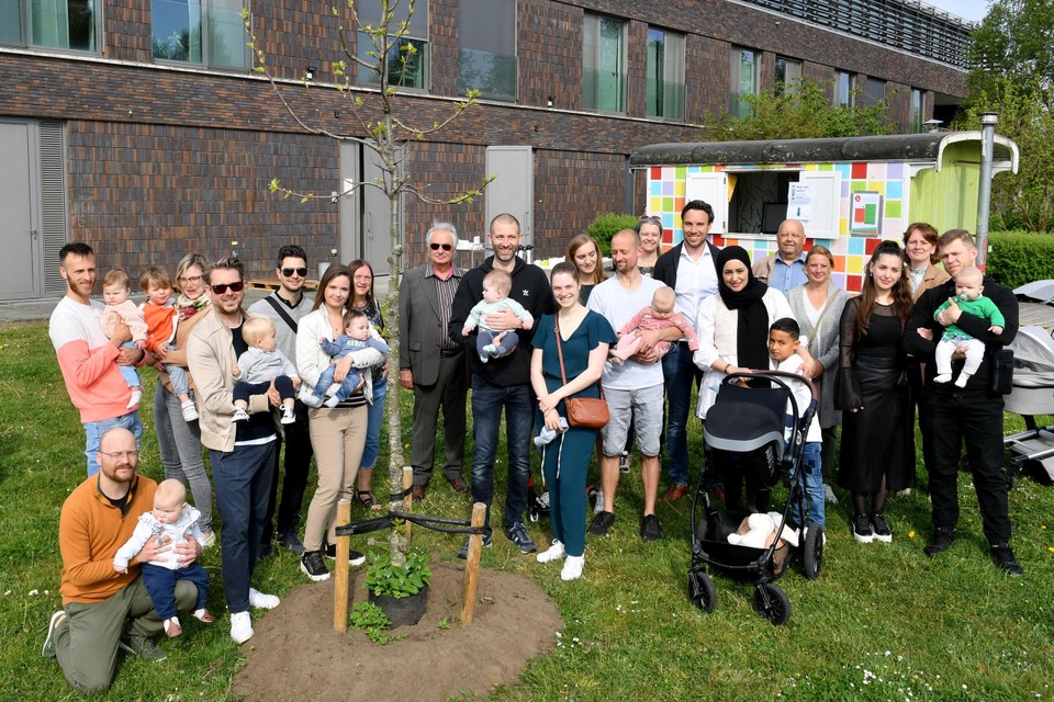 De jonge ouders met hun spruiten, vergezeld van initiatiefnemers schepen Tom Tachelet en burgemeester Leen Wouters verzameld rond de eerste geboorteboom.