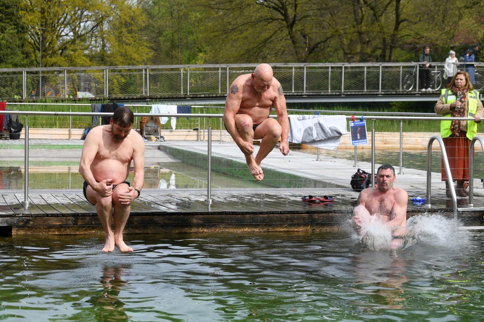 Antwerpenaren zoeken verkoeling in de ecologische zwemvijver van het Boekenbergpark in Deurne.