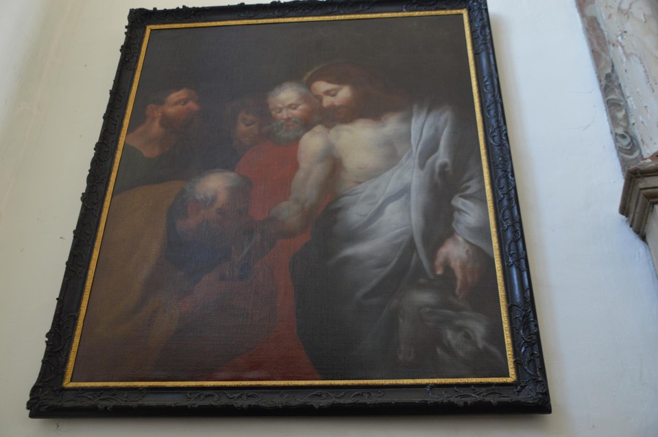 Dit is niet Thomas die de hand van Jezus kust, maar Petrus die de sleutelbos van het Koninkrijk van Jezus ontvangt.