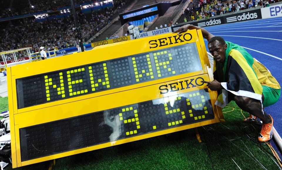 Het fabelachtige wereldrecord liep Bolt in 2009 in Berlijn.