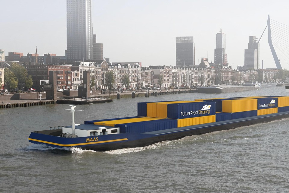 Dit binnenschip vaart vanaf volgend jaar op koolstofvrije waterstof tussen Rotterdam en Antwerpen. 