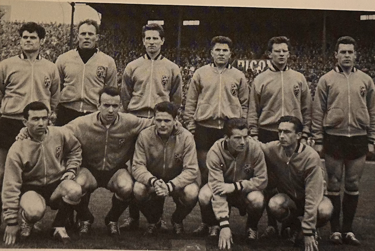 De Belgische ploeg in 1960. Bovenaan links naar rechts: Dirix, Seghers, Sayes, Willems, Jurion en Raskin.
