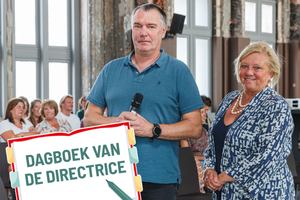 Directrice Karin Heremans met Geert Stroobants die de leerkrachten workshops over het belang van een sterke teamwerking heeft gegeven.