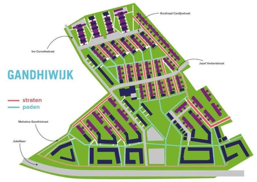 Een plan met alle straten en paden in de wijk.