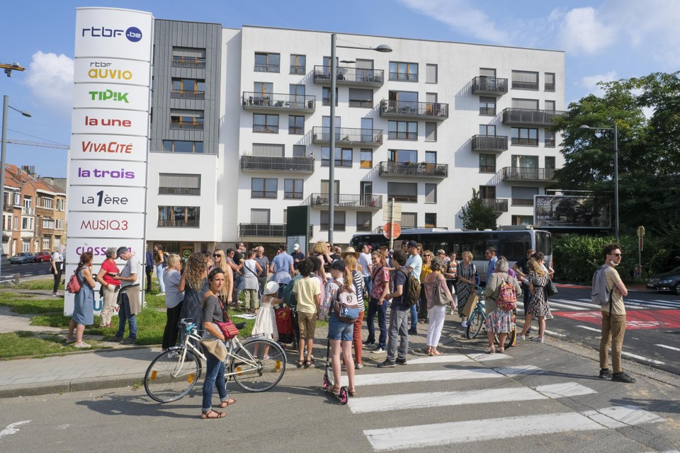 Ook voor de gebouwen van VRT en RTBf werd betoogd.