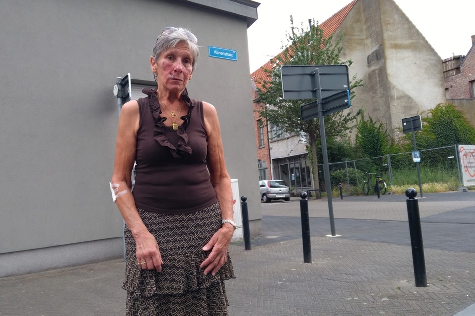 Diane Bellings raakte gewond toen ze in de Vianenstraat in Turnhout plots tegen de grond werd geduwd. Een man die haar recht hielp, heeft haar thuis beroofd. 