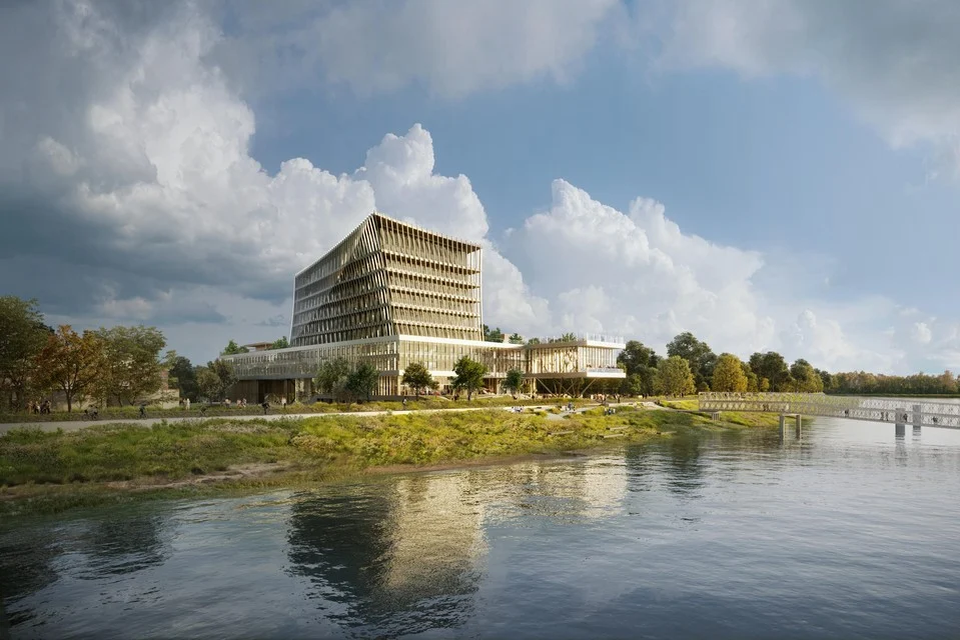 Een ontwerpbeeld van het gebouw, gezien vanop de Schelde.