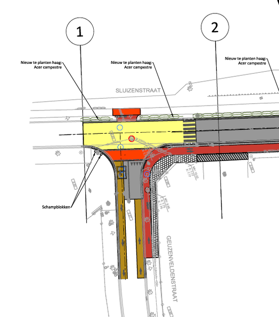 Zo zal het nieuwe kruispunt van Geuzenveldenstraat (onder) en Sluizenstraat (boven) eruitzien. In het rood bovenaan bij het jaagpad het ingetekende wachtvak voor fietsers.