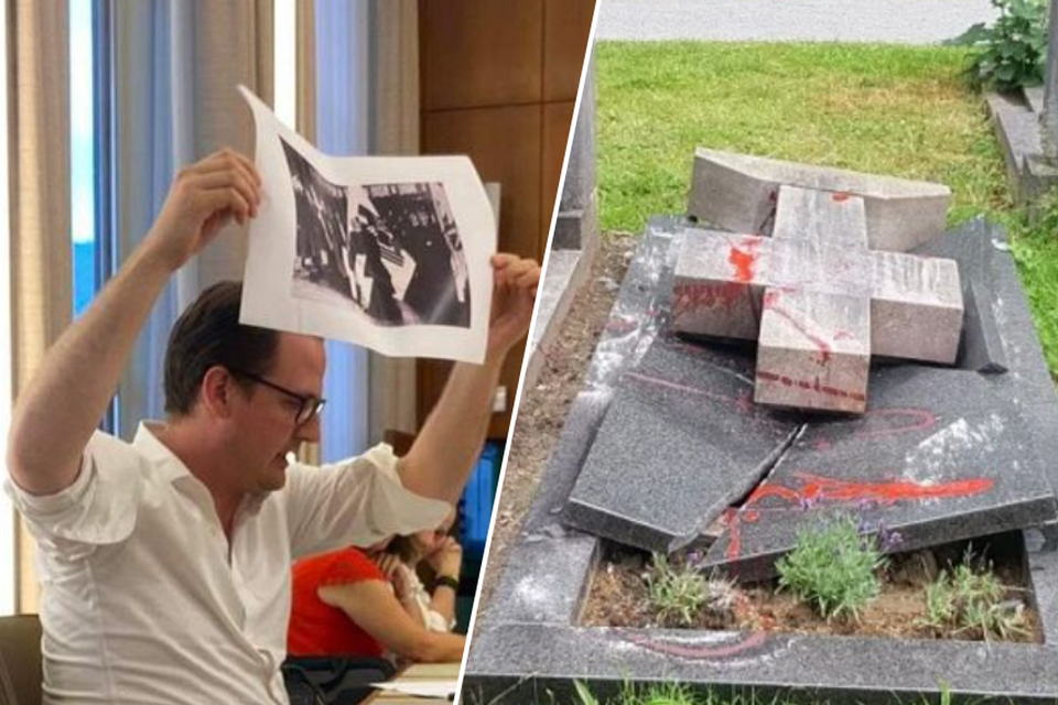 Links: Bavo De Mol toont tijdens de districtsraad een foto van Borms die de Hitlergroet brengt. Rechts: het gevandaliseerde graf in Merksem. 