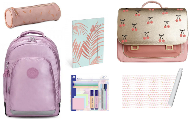 Pastelroze pennenzak - 9,99 euro - Fun, pastelblauw mapje - 3,99 euro - Fun, pastelroze boekentas - € 129,89 euro - Jeune Premier, pastelpaarse rugzak - 135 euro - Kipling, schrijfset in pastelkleur - 11,95 euro - Staedtler en kaftpapier - 2,50 euro - Dreamland