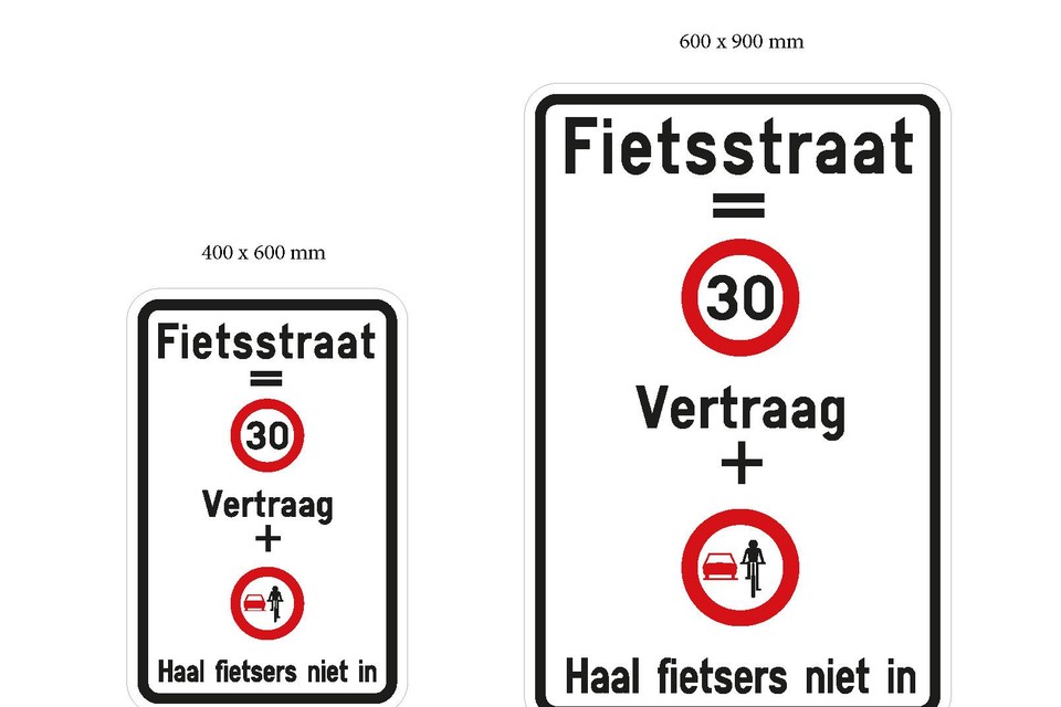 Deze sensibiliseringsborden wijzen automobilisten op de regels in een fietsstraat.
