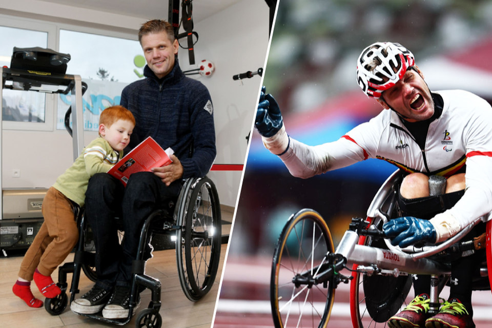 Peter Genyn met zoontje Vico (2,5) en toen hij goud won op de Paralympics in Tokio in 2020. 