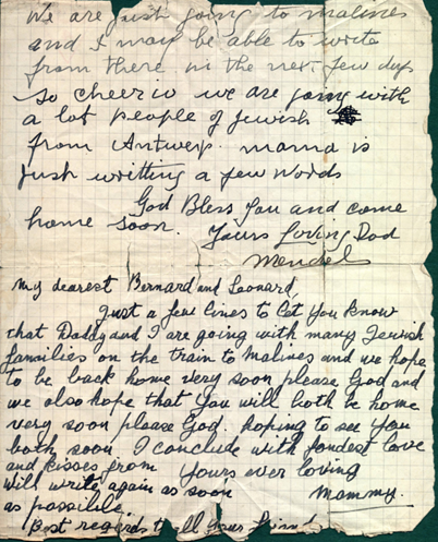 Een van de laatste brieven die grootouders Mendel en Emily stuurden naar hun drie zonen. 