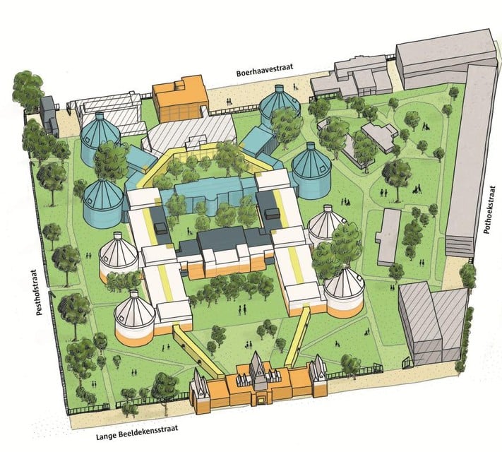 Een illustratie van de Stuivenbergsite. De nieuwe campus van het stedelijk lyceum Lamorinière zal in één van de  blauwe zones ondergebracht worden. De exacte locatie wordt later nog bepaald.  