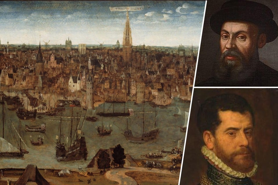Zicht op de Antwerpse rede in de Gouden Eeuw. Rechts: de Portugese avontuur Ferdinand Magellaan (boven) en Christobal de Haro (onder), de Spaanse tophandelaar. 