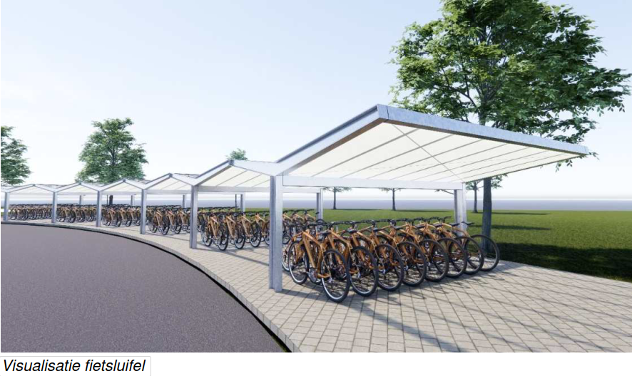Een impressie van de geplande fietsenstalling in Massenhoven. 
