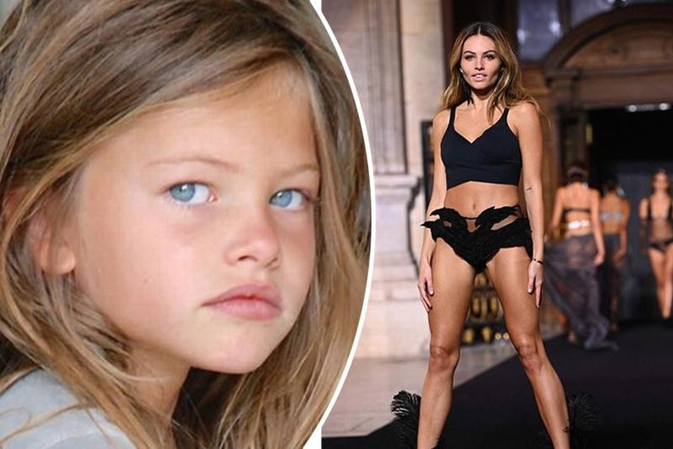 Thylane Blondeau als zesjarige (links) en Thylane Blondeau nu, tijdens de Modeweek van Parijs.