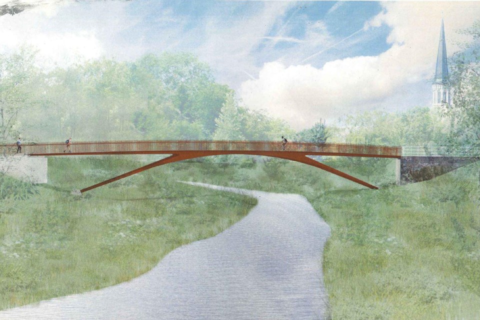 Een impressie van de brug over de Vliet tussen Hemiksem en Schelle met de kerktoren van Schelle op de achtergrond. RR