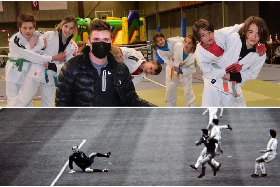 Boven: Stijn Verhaegen van Play & Sport in de Mintjens Arena waar deze week en volgende week kinderen volop van sportstages genieten. Onder: Cisse Severeyns scoort op Wembley voor Antwerp. De week voordien verloor de Great Old nog in Westmalle van het amateurteam FC Karel Mintjens.