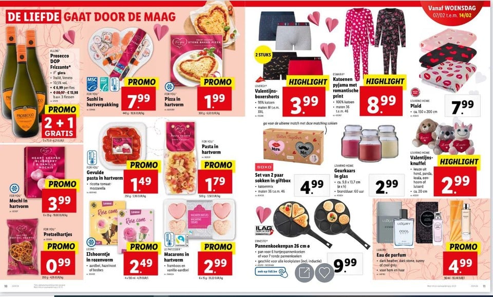 Een dubbele pagina in de Lidl-folder: een hartjespizza, of liever een Valentijnsboxershort? Duurder dan 10 euro wordt het feest van de liefde niet.