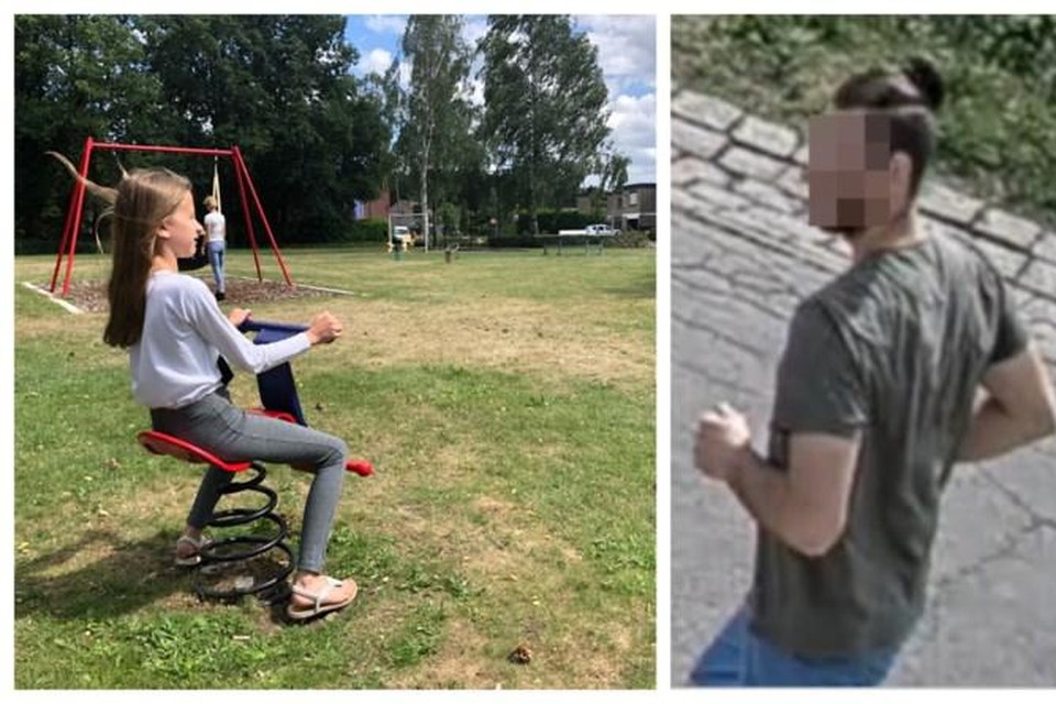 Een speelpleintje in de Schommenstraat in Olen. Rechts: het beeld dat van de exhibitionist dat de politie had verspreid op sociale media. 