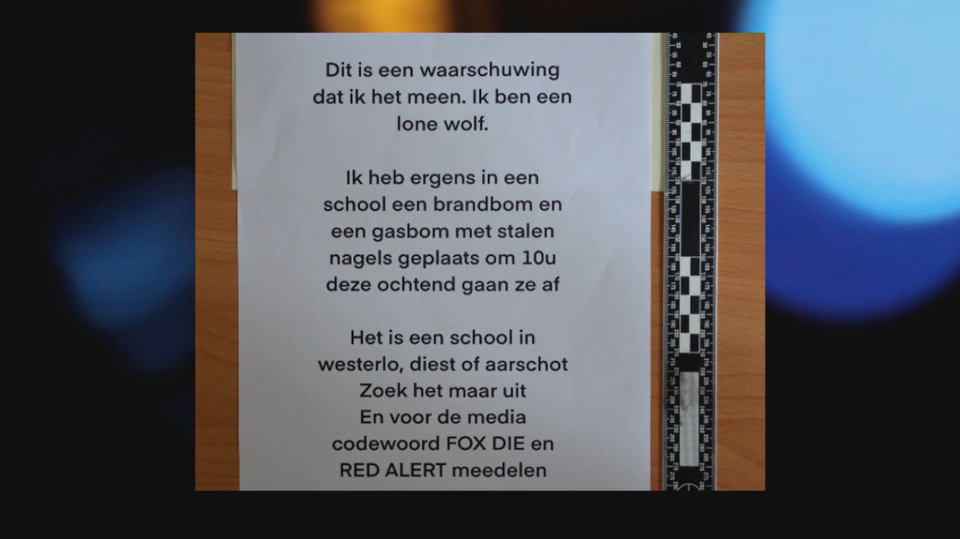 De dreigbrief die K. achterliet. “Ik had toen niet gedacht dat het zo serieus genomen zou worden”, zei hij.