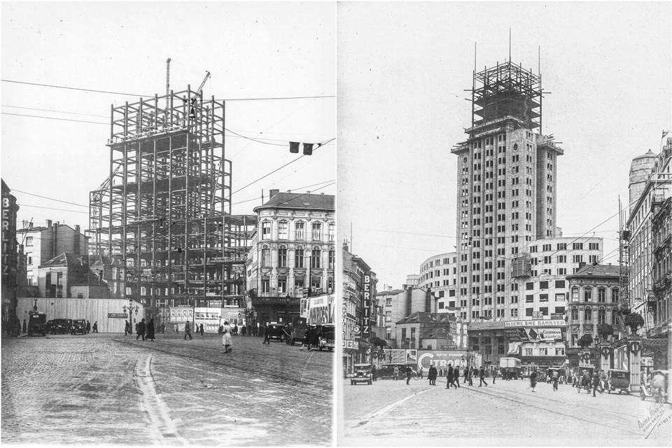 Links: de staalstructuur op 9 januari 1930. Rechts: het metselwerk is bijna klaar op 29 oktober 1930. Alleen de panoramaverdieping en het waterreservoir moeten worden afgewerkt. 