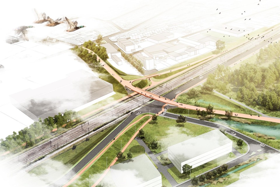 Een toekomstbeeld van de nieuwe brug over de sporen.