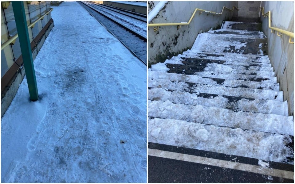 Reizigster Edith Koyen bezorgde onze redactie donderdag beelden van gladde perrons en trappen van treinstation Luchtbal