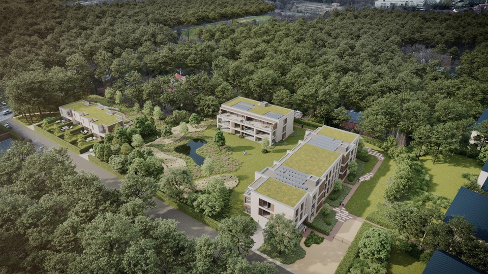 De woningen links komen op de locatie van de tennisvelden. Centraal ruimt de villa met zwembad plaats voor 24 appartementen.