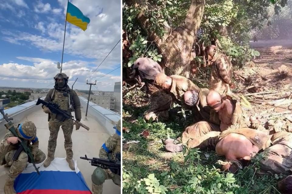 De Oekraïense president Zelensky deelde beelden van triomfantelijke soldaten in het heroverde gebied (links), terwijl daar volgens de Oekraïners ook veel Russische soldaten krijgsgevangen genomen worden (rechts).  