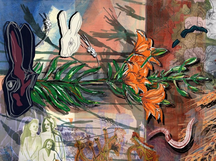De haas, de roggelelie en de worm wordt doorspekt met geprojecteerde illustraties van Babette Wagenvoort. 