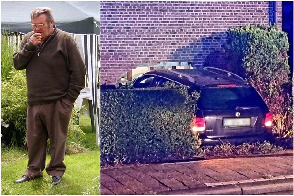 De wagen reed door de haag en smakte door de gevel. De brokstukken belandden op bewoner Emiel die lag te slapen