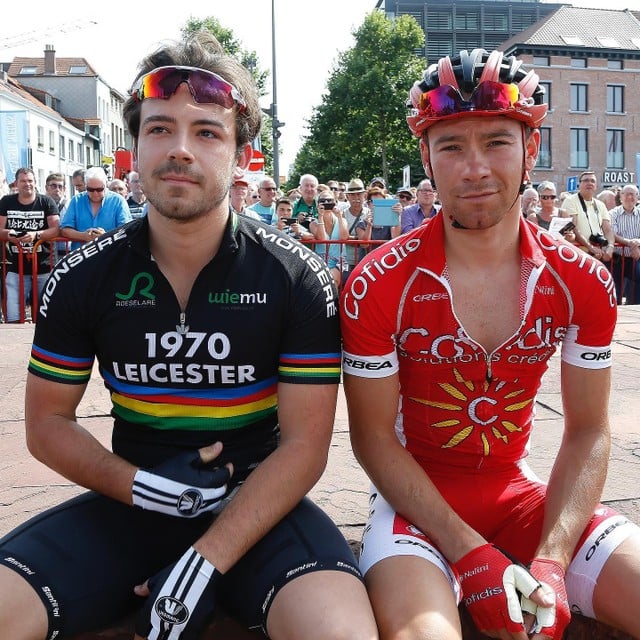 Een foto van de broers Kevin en Michael van Stayen uit 2014, toen ze samen deelnamen aan het na-Tour-criterium achter derny’s in Antwerpen. 