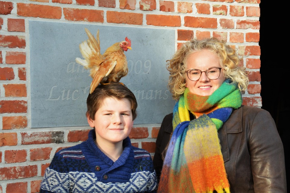 Zoon Lukas is best fier op zijn gekweekte kippen op de boerderij van Ferme Fie.
