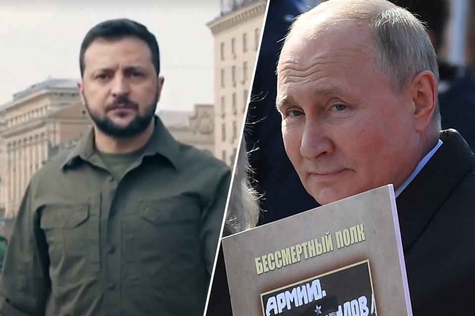 Links: Zelensky in het centrum van Kyiv, dat de Russen nooit konden innemen. Rechts: Vladimir Poetin met een portret van zijn vader, een WOII-veteraan.  