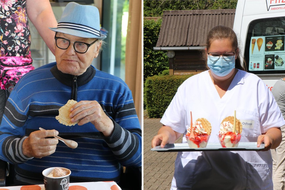 De ouderen in woonzorgcentrum Ennea genieten van een ijsje. 