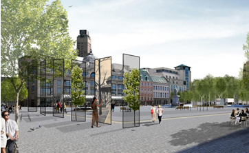 Een ander idee dat net niet met de hoofdprijs aan de haal ging, was een constructie van schermen op het plein.