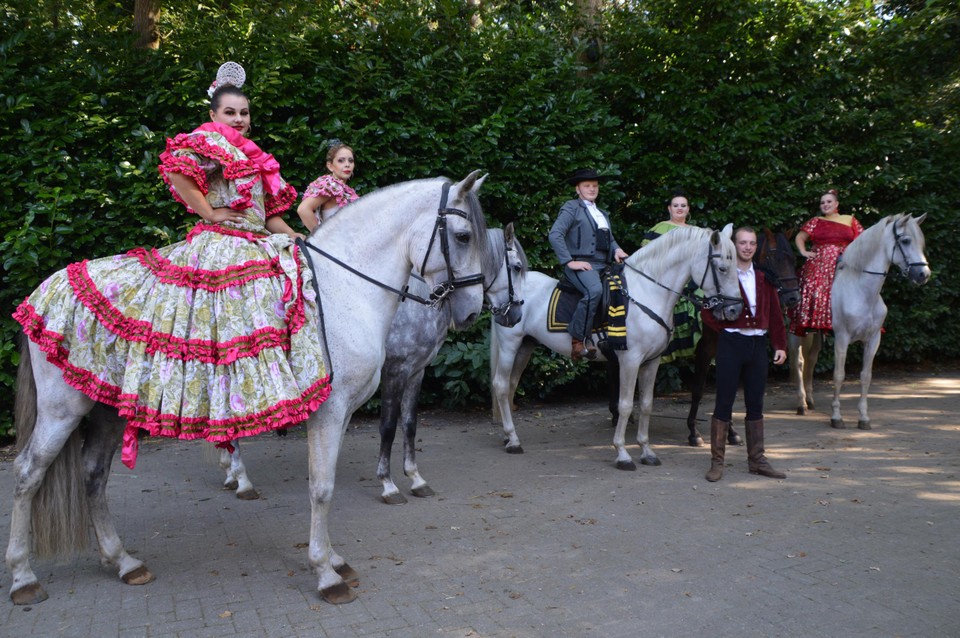 Het gezelschap draagt Spaanse traditionele kleding uit Sevilla.