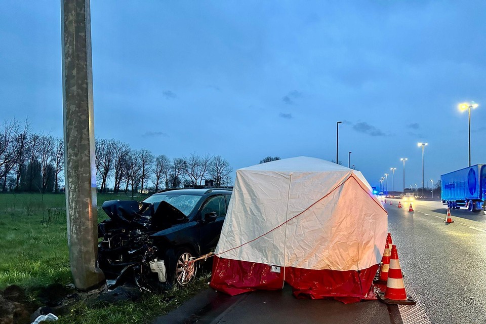 De bestuurder van de zwarte Volkswagen crashte tegen de verlichtingspaal en overleed ter plaatse.