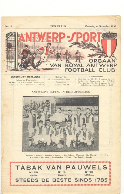 Een van de eerste edities van de ‘Antwerp Supporter’ uit 1930, met de kampioenenploeg van een jaar eerder. 