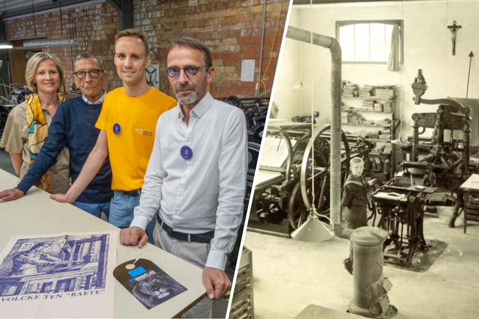 Links: drie generaties Baeté, uitbaters Lieve Cools, Walter Cools, Juul De Rop en Wim Cools. Rechts: archieffoto van drukkerij Baeté begin 20ste eeuw.