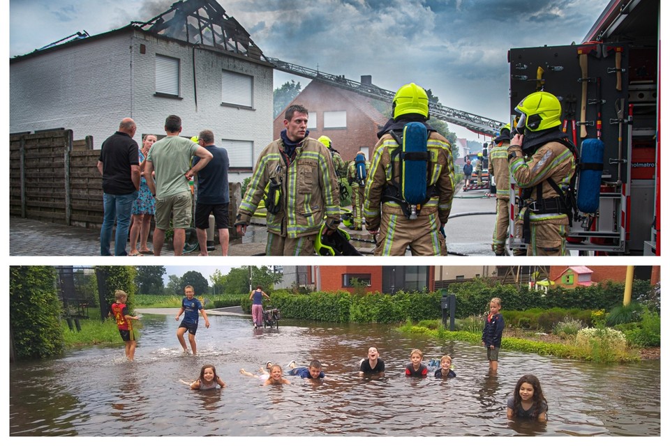 Een blikseminslag veroorzaakte brand en vernielde een woning in Dessel. In Geel zorgde wateroverlast ook voor een beetje waterpret.