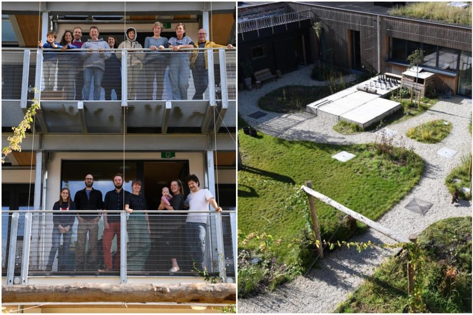 De bewoners van InDruk kozen bewust voor cohousing en bio-ecologisch bouwen. Rechts: de gemeenschappelijke tuin van het common house.  