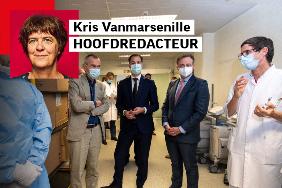 Frank Vandenbroucke (Vooruit), Alexander De Croo (Open Vld) en Bart De Wever (N-VA) in het UZA in Edegem. Uit deze coronacrisis valt op partijpolitiek vlak niet veel te halen. 