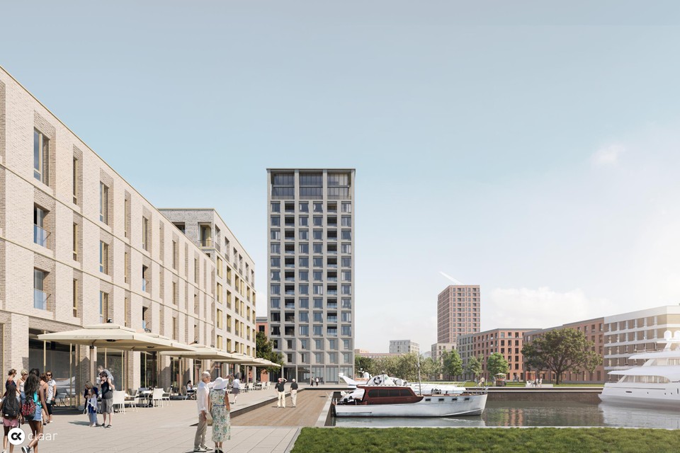 Een van de torens aan de geplande jachthaven vlak bij de Leuvense Vaart.
