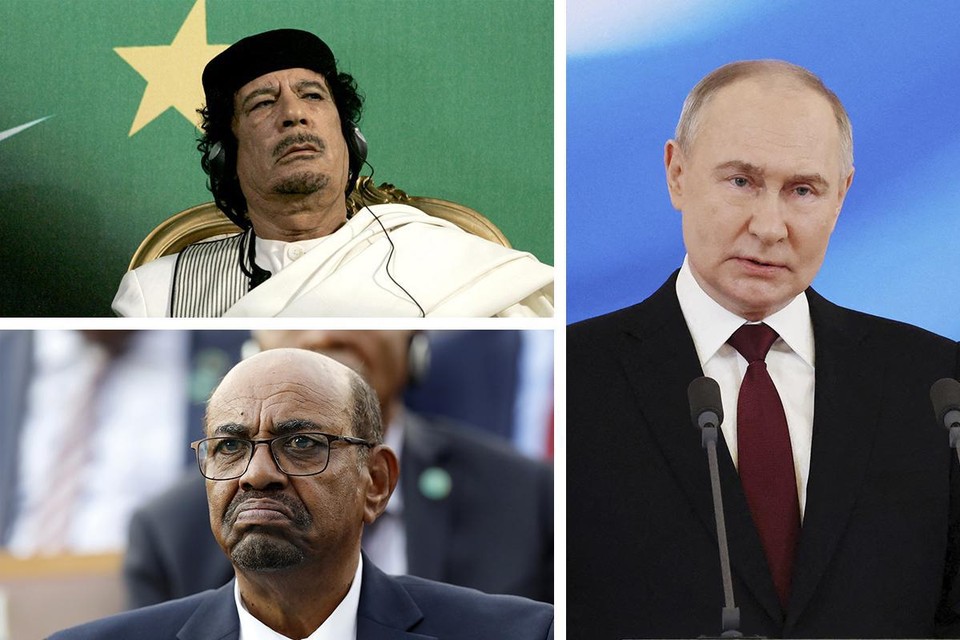 Vladimir Poetin (rechts), kolonel Moeammar Kadhafi (boven) en Omar al-Bashir (onder) zijn drie van de bekendste namen die ooit zijn aangeklaagd door het Internationaal Strafhof.